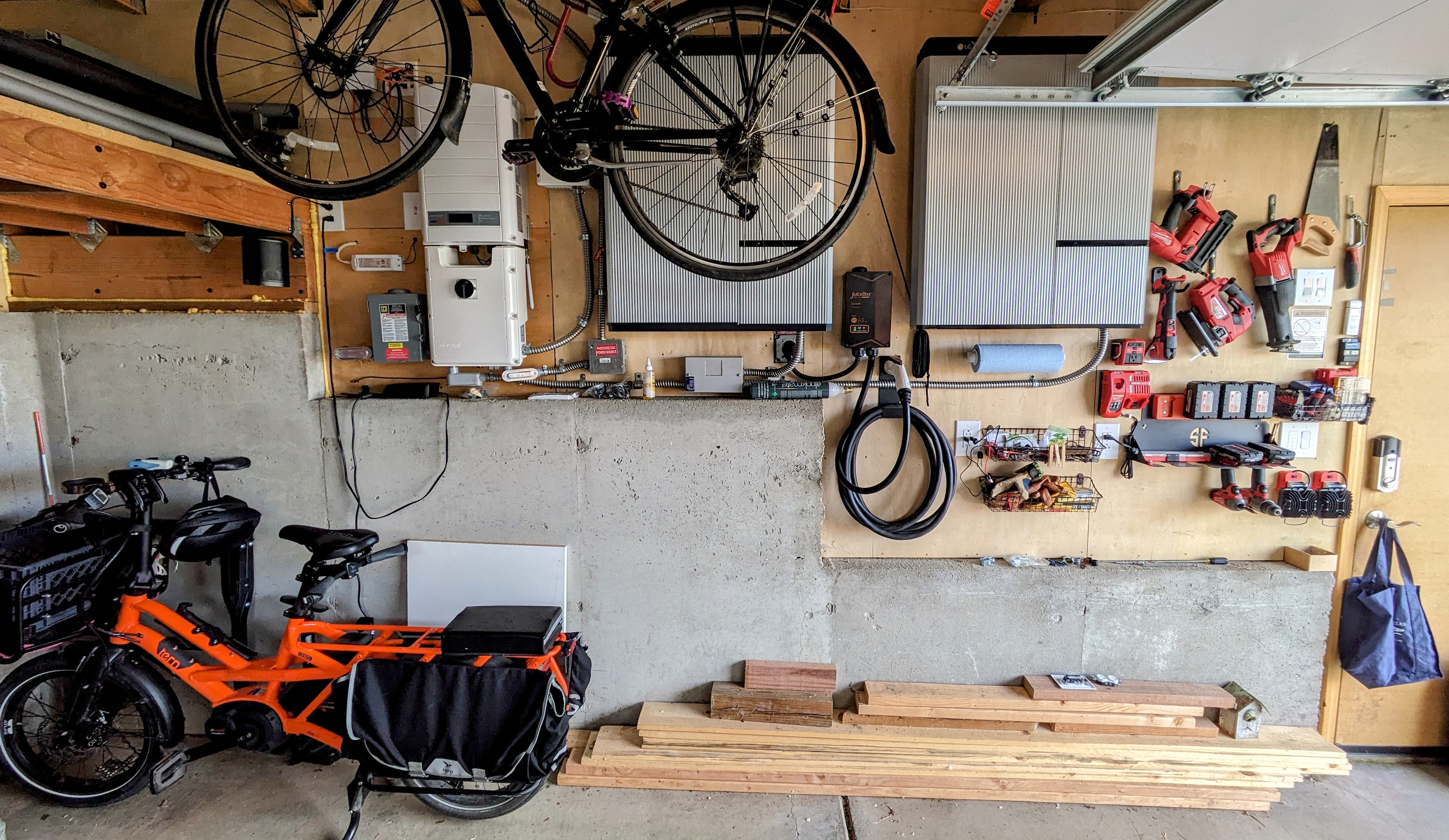 Our batteries and inverter mounted in our garage.